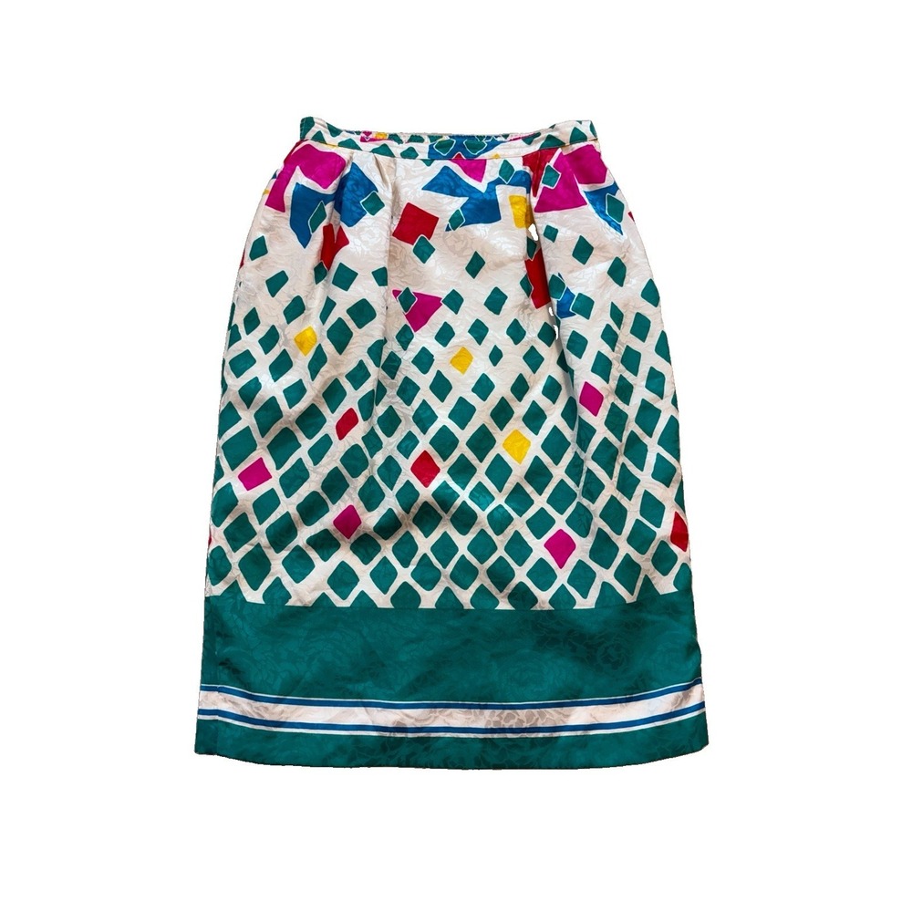 Vintage‎ 80s Skirt 100% Silk Women's 8 Colorful Diamonds Knee Length Hong Kong